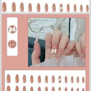 Elegant Nude Press-On Nails with 3D Bows and Rhinestone Accents